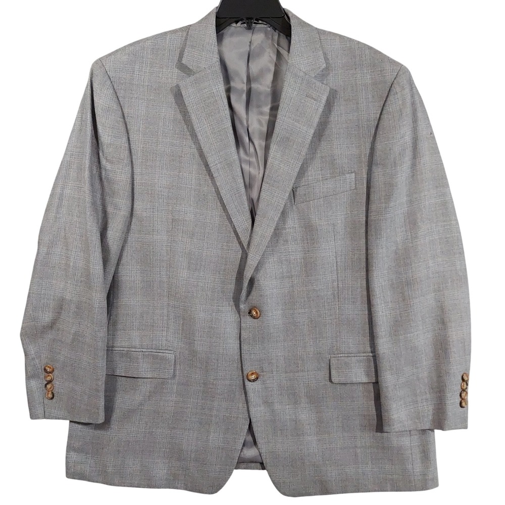 Lauren Ralph Lauren Sport Coat Men 46R Grey Silk Wool Plaid 2-Button Blazer